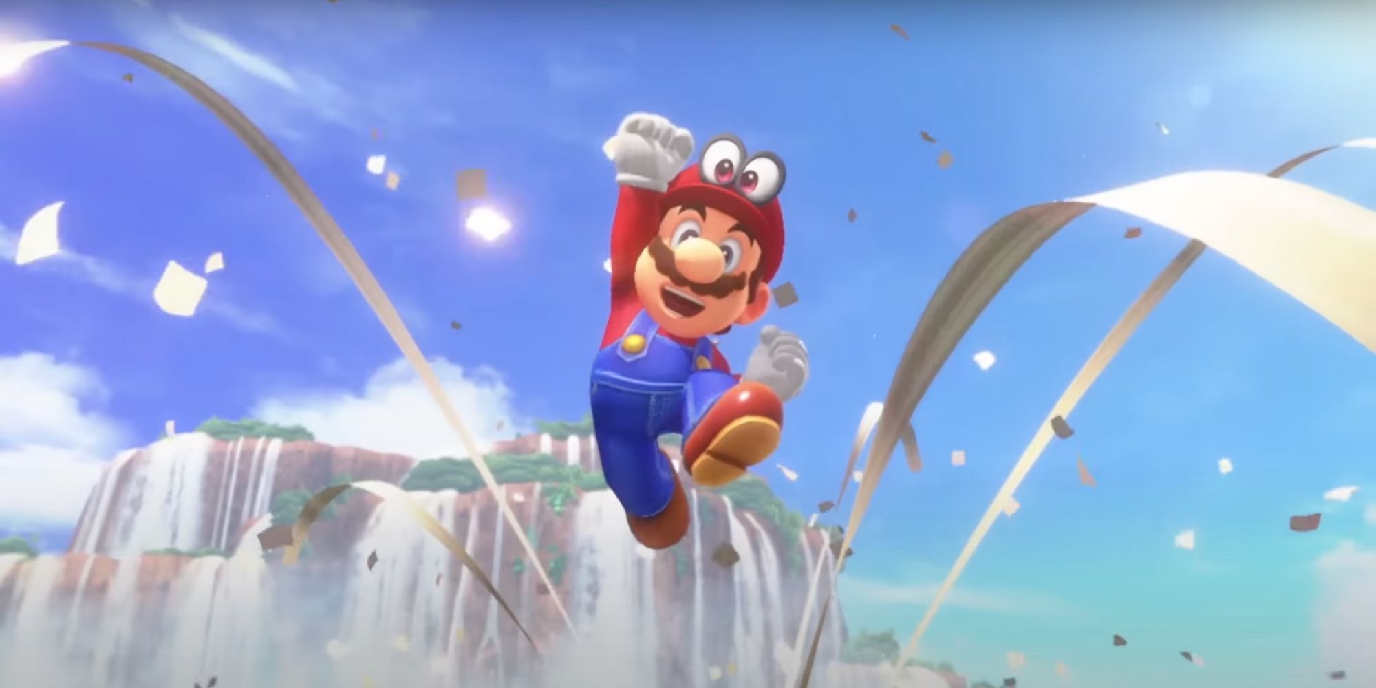 Mario saute dans Cascade Kingdom dans Super Mario Odyssey