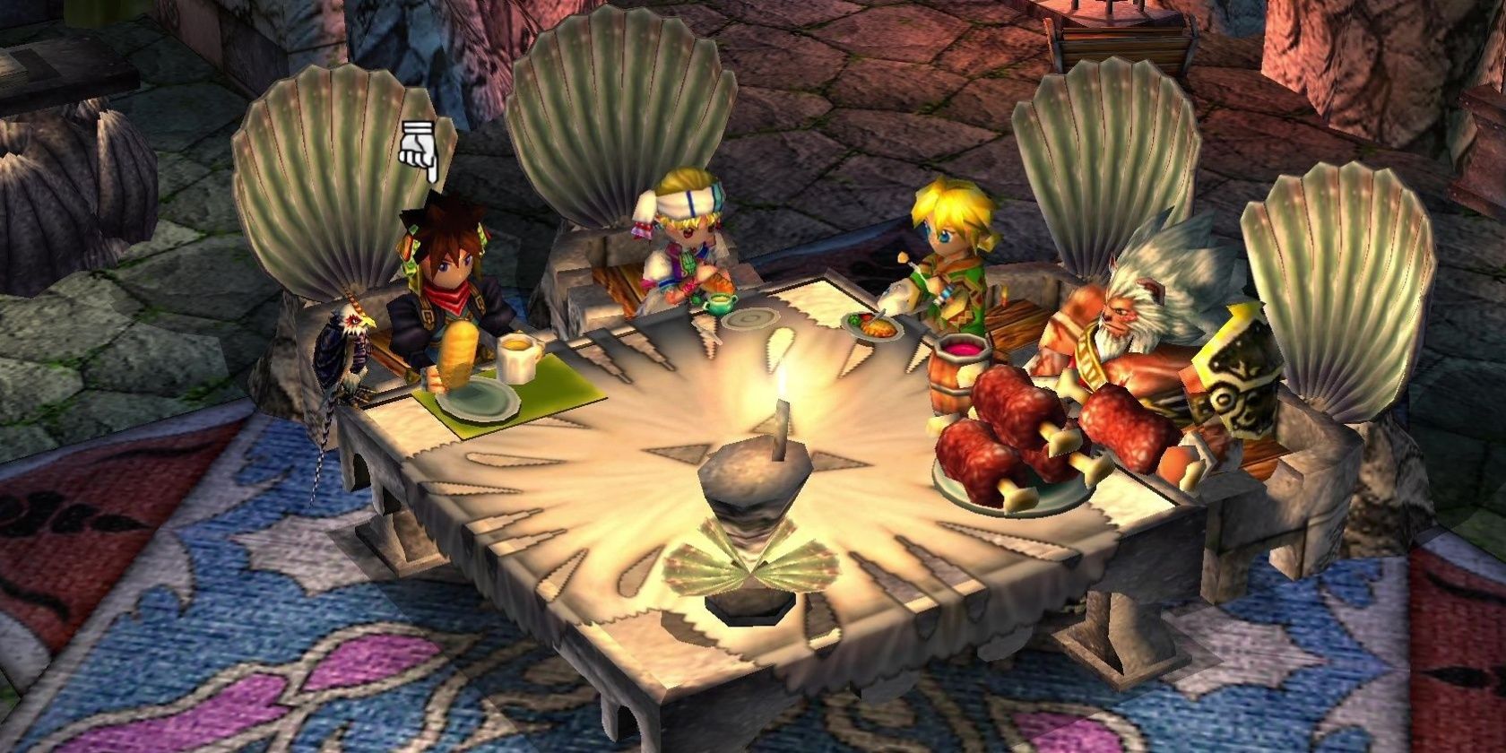 Ryudo et le gang mangent dans Grandia 2 Cropped