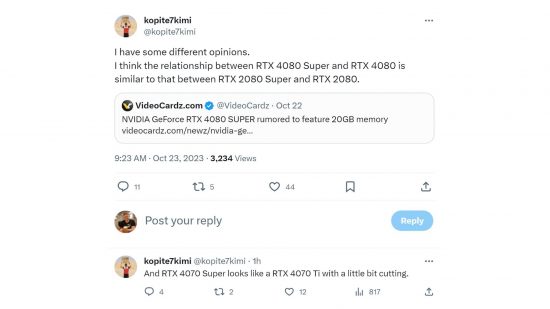 Fuite de Nvidia GeForce RTX 4080 Super : tweet montrant le point de vue d'un fuyard matériel sur les prochaines cartes Nvidia.