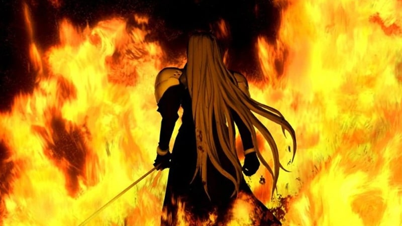 Sephiroth marchant dans les feux de Nibelheim.