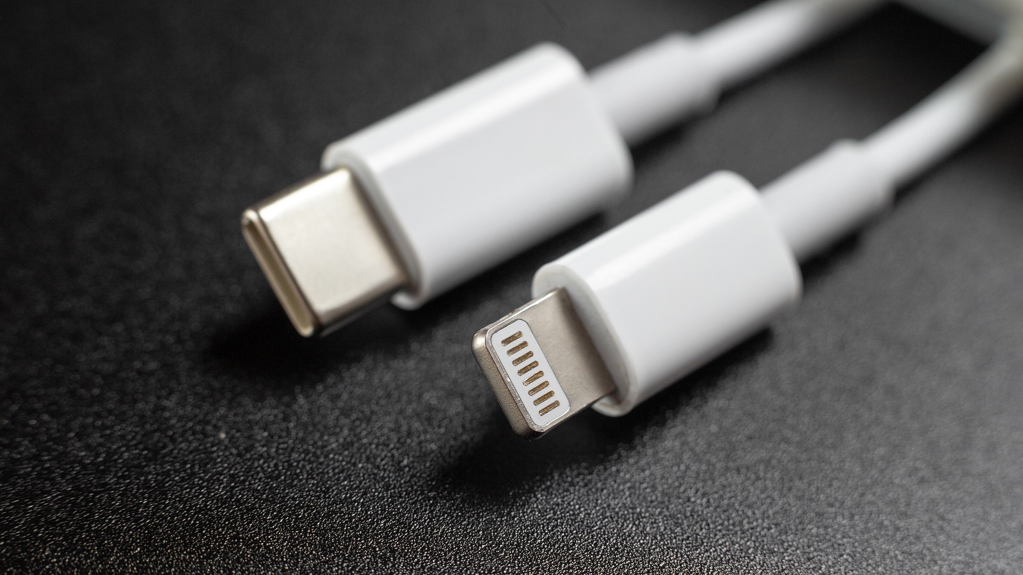 Câbles de chargement USB-C et Lightning pour téléphone sur fond noir