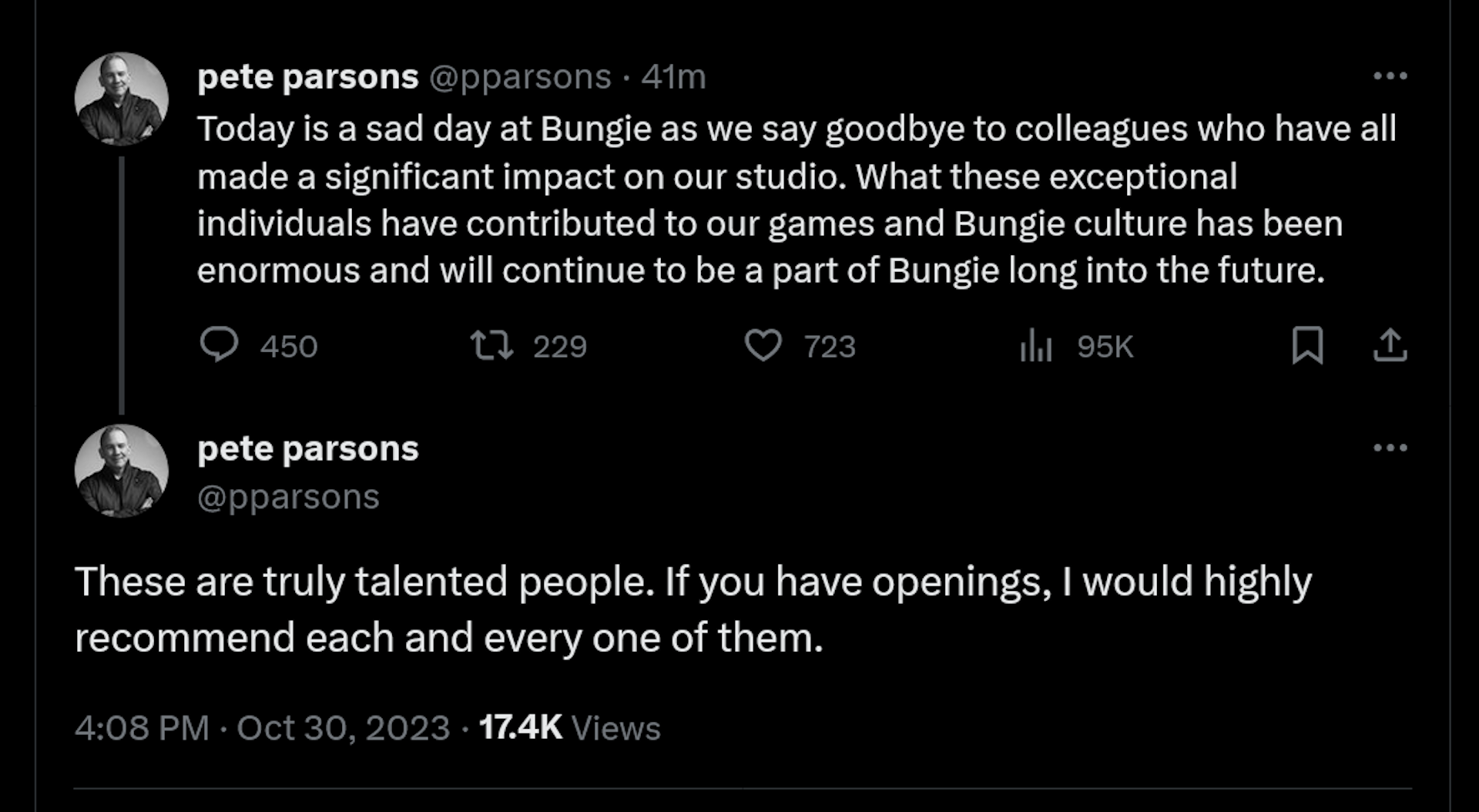 Aujourd'hui est un triste jour chez Bungie alors que nous disons au revoir à nos collègues qui ont tous eu un impact significatif sur notre studio.  Ce que ces individus exceptionnels ont apporté à nos jeux et à la culture Bungie a été énorme et continuera à faire partie de Bungie pendant longtemps.  Ce sont des gens vraiment talentueux.  Si vous avez des postes vacants, je les recommande vivement à chacun d'entre eux.