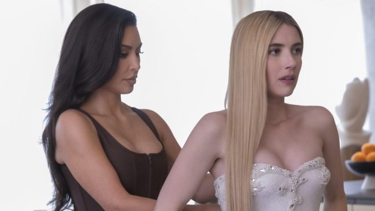 American Horror Story: Delicate -- "Rockabye" Episode 1 -- Pictured: (l-r) Kim Kardashian as  Siobhan Corbyn, Emma Roberts as Anna Victoria Alcott. CR: Eric Liebowitz/FX.