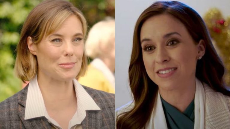 Ashley Williams in Notes of Autumn trailer screenshot/Lacey Chabert in The Christmas Waltz trailer screenshot.