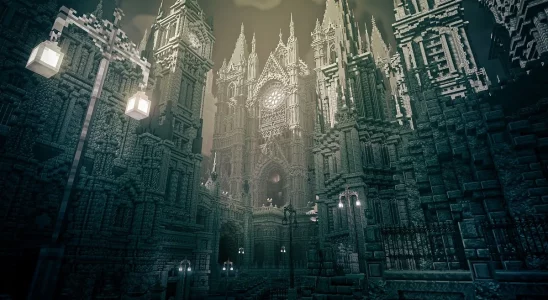 A grim area of Bloodborne recreated in Minecraft.