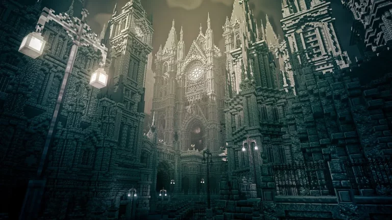 A grim area of Bloodborne recreated in Minecraft.