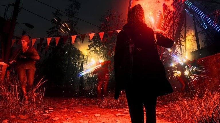 Saga using a flare against a group of Taken in Alan Wake 2