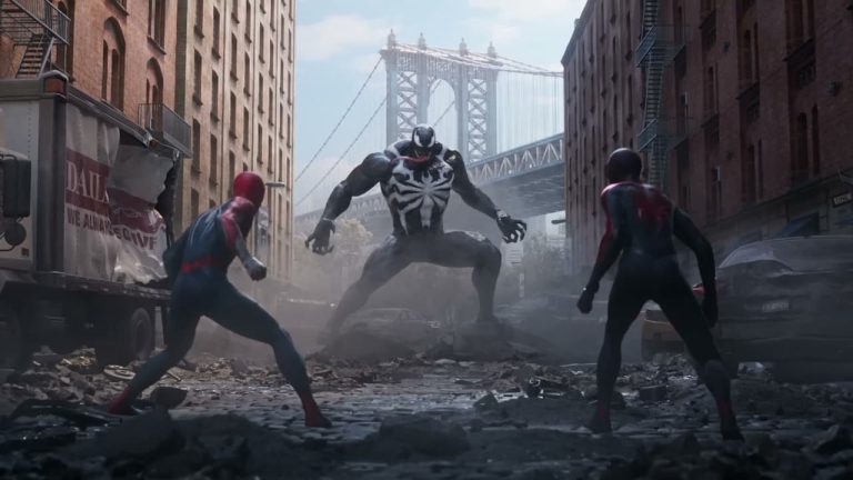 This guide walks you through how to skip cutscenes in Spider-Man 2. The image shows Peter Parker and Miles Morales facing Venom in an alleyway.