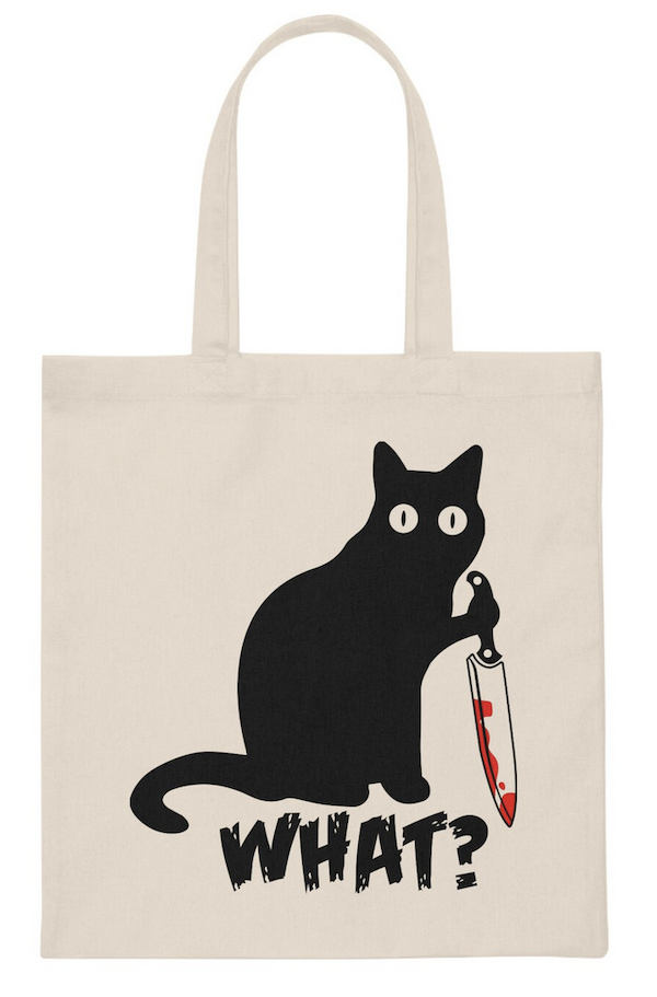 sac fourre-tout en toile avec une image sérigraphiée d'un chat noir tenant un couteau ensanglanté avec un texte disant 