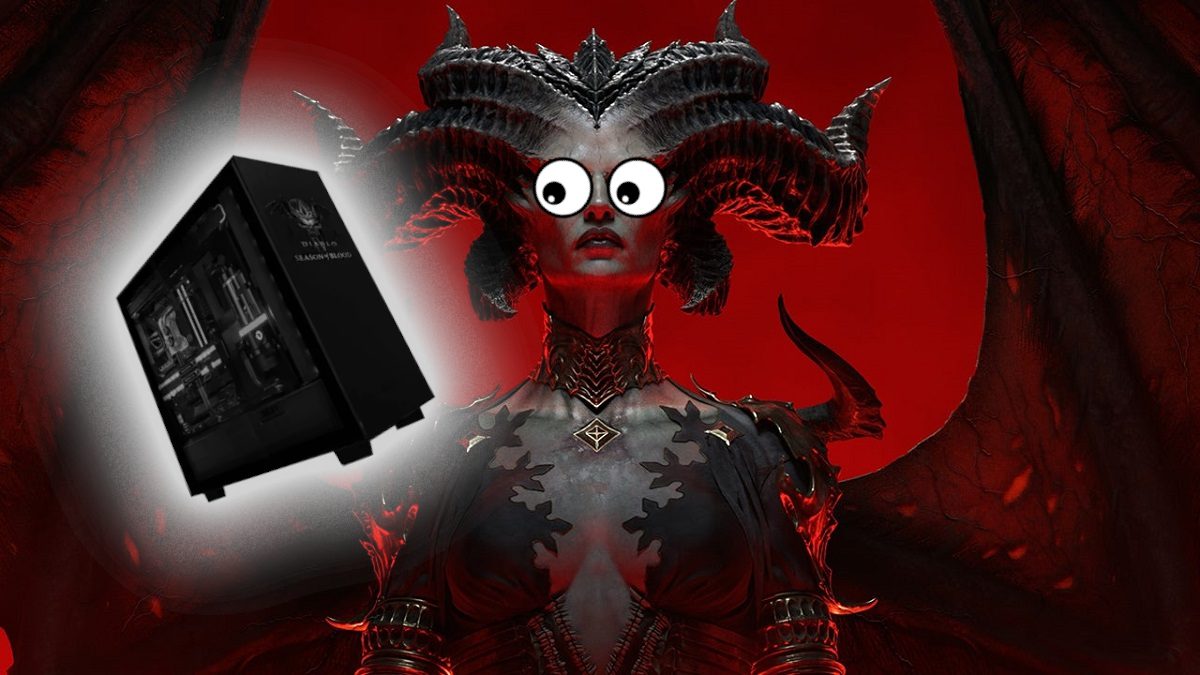 Diablo 4: Lilith with huge, cartoon eyes, looking at a PC case.