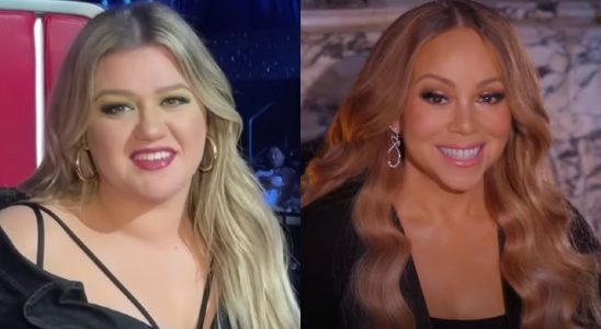 Screenshot of Kelly Clarkson on The Voice Season 23/Screenshot of Mariah Carey announcing tickets on sale for her