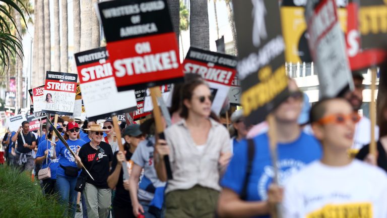 LOS ANGELES, CALIFORNIA - SEPTEMBER 22: Striking WGA (Writers Guild of America) members picket with striking SAG-AFTRA members outside Netflix studios on September 22, 2023 in Los Angeles, California. The Writers Guild of America and Alliance of Motion Picture and Television Producers (AMPTP) are reportedly meeting for a third straight day today in a new round of contract talks in the nearly five-months long writers strike.  (Photo by Mario Tama/Getty Images)