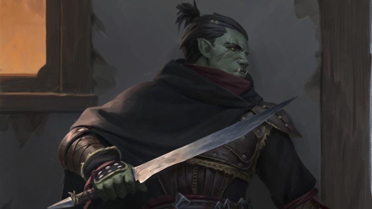 Orc Assassin in leather armor looking around corner holding dagger