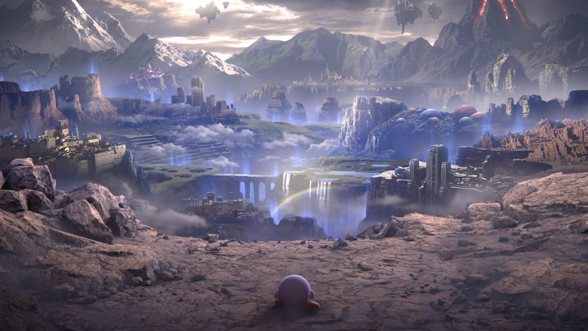 Kirby in the opening of Super Smash Bros Ultimate contemplating Nintendo and the company's new tournament guidelines