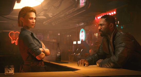 Two spies from Cyberpunk 2077: Phantom Liberty meet in a dusty bar.