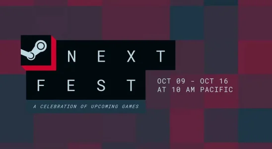 Steam Next Fest logo on a blocky, purple and teal background.