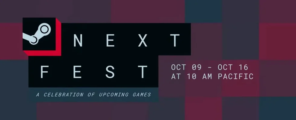 Steam Next Fest logo on a blocky, purple and teal background.