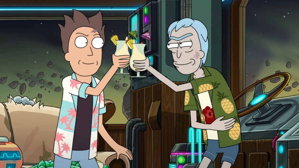 Jerry and Rick cheers with cocktails in RIck and Morty