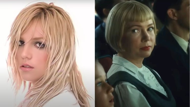 Britney Spears in the music video for Everytime and Michelle Williams in The Fablemans, pictured side by side.