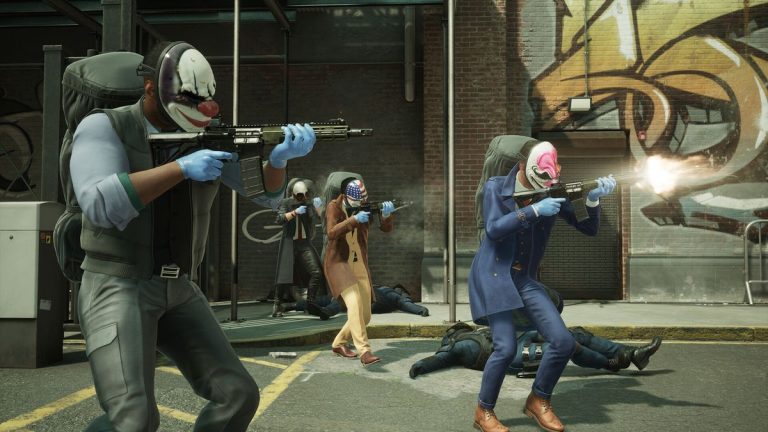 Three masked men firing weapons outside of a brick building