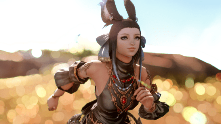 A female Viera in Dancer attire running through Thanalan in Final Fantasy 14.