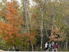 Des gens marchent à Saint-Benoit-du-Lac, au Québec.  le vendredi 6 octobre 2023.