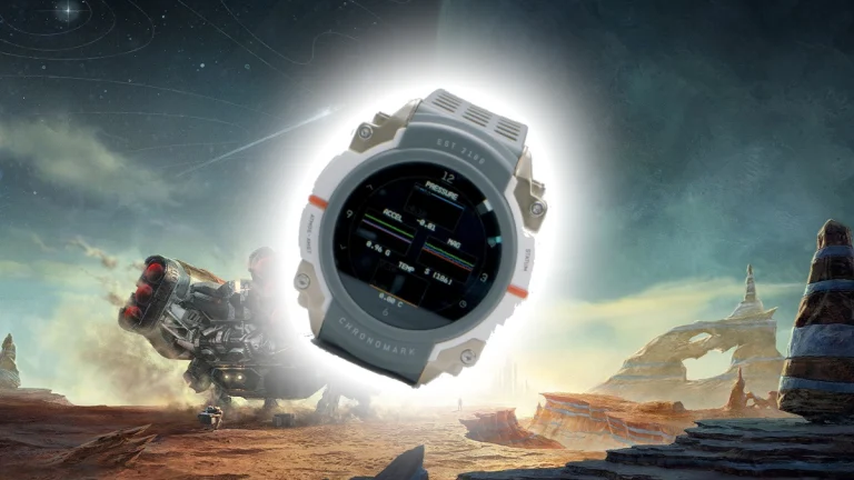 The Starfield watch with an image of a ship on a planet in the background.