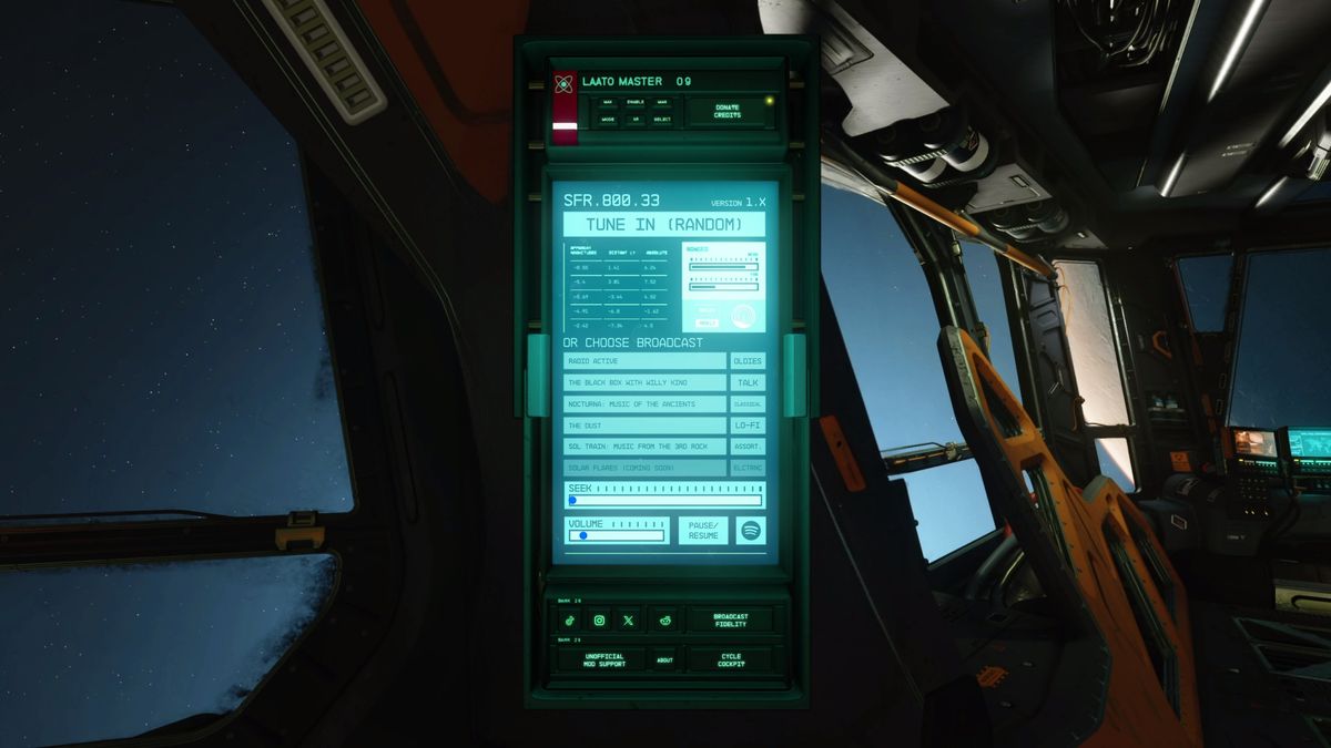 A radio player open in a spaceship cockpit