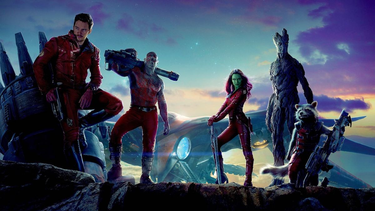 Star-Lord, Gamora, Drax, Groot and Rocket posed in Guardians of the Galaxy banner