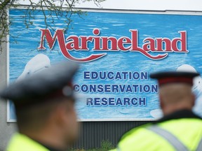 Des policiers bloquent les manifestants à l'entrée du terrain de Marineland à Niagara Falls, en Ontario, le samedi 20 mai 2023. LA PRESSE CANADIENNE/Alex Lupul