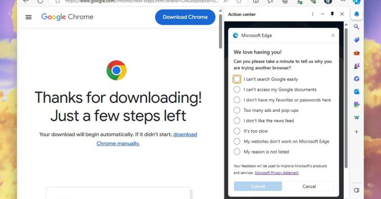 Microsoft injecte désormais avec soif un sondage lorsque vous téléchargez Google Chrome