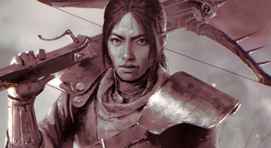 Close-up shot of woman in grayscale holding crossbow over her shoulder