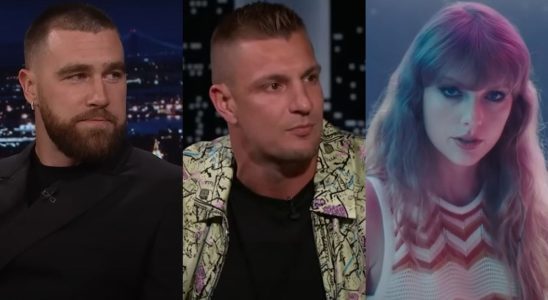 From left to right, screenshots of Travis Kelce on The Tonight Show, Rob Gronkowski on Jimmy Kimmel life and Taylor Swift in the Lavender Haze music video.