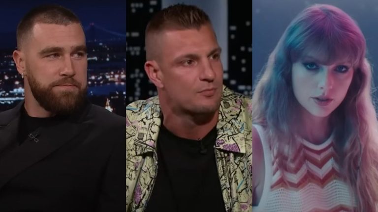 From left to right, screenshots of Travis Kelce on The Tonight Show, Rob Gronkowski on Jimmy Kimmel life and Taylor Swift in the Lavender Haze music video.