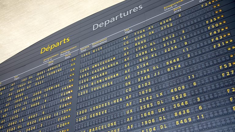 Electronic information board at Charles de Gaulle airport, France, Europe, EU