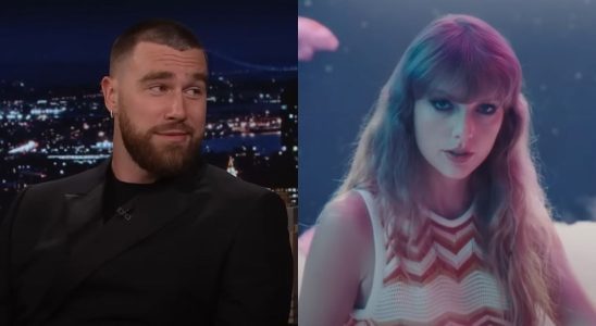 From left to right: screenshots of Travis Kelce on The Tonight Show and Taylor Swift in the Lavender Haze music video.