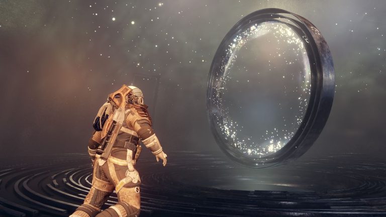 An astronaut floating near a big metal hoop