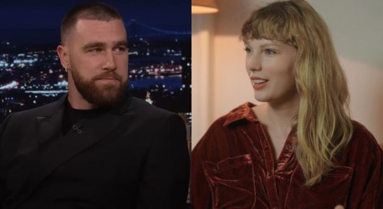 From left to right: a screenshot of Travis Kelce on The Tonight Show and a screenshot of Taylor Swift talking during the Long Pond Studio Sessions.