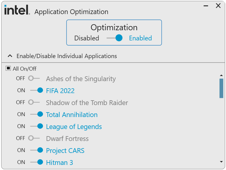 Image marketing d'Intel pour sa fonctionnalité d'optimisation des applications.  Une boîte grise avec une bascule en haut pour activer ou désactiver.  Les jeux individuels (avec bascules marche/arrêt) se trouvent en dessous.