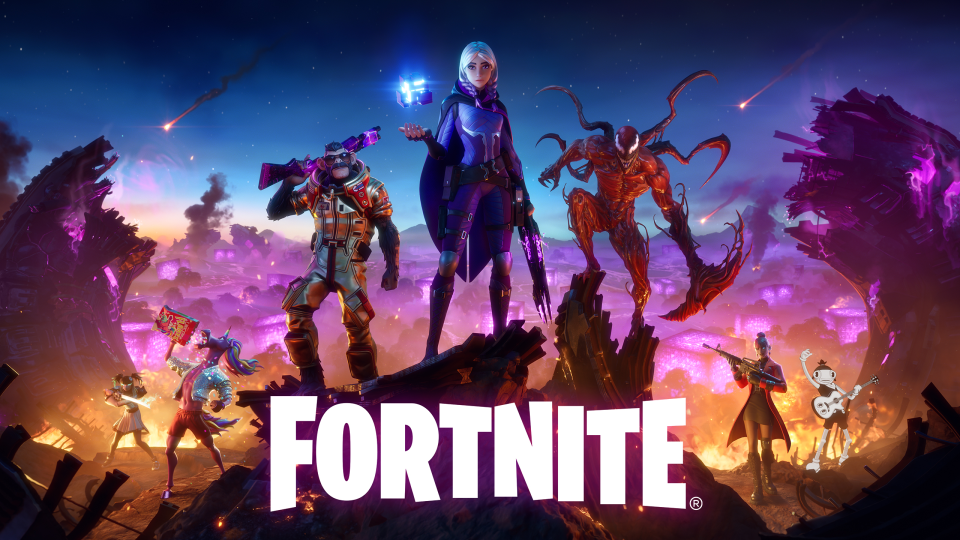 Image marketing du jeu Fortnite.  Divers personnages se tiennent face au 