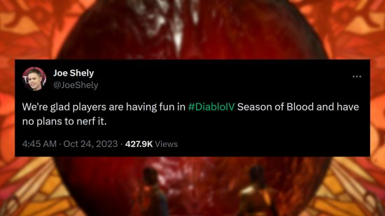 Joe Shely, directeur du jeu Diablo 4 - "Nous sommes heureux que les joueurs s'amusent dans #DiabloIV Season of Blood et n'avons pas l'intention de la nerfer."