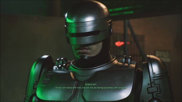 Une capture d'écran de RoboCop : Rogue City, montrant le haut du corps de RoboCop à un angle de 45 degrés.