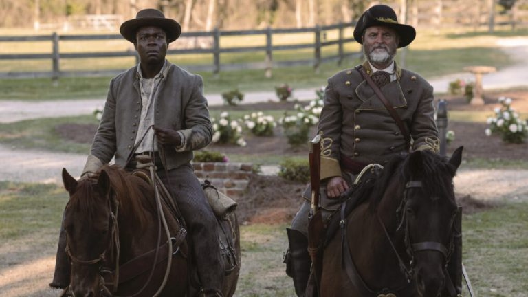 David Oyelowo as Bass Reeves and Shea Whigham as George Reeves in 