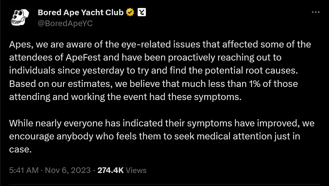 Singes, nous sommes conscients des problèmes oculaires qui ont affecté certains participants à l'ApeFest et nous avons contacté les individus de manière proactive depuis hier pour essayer d'en trouver les causes profondes potentielles.  Sur la base de nos estimations, nous pensons que beaucoup moins de 1 % des personnes assistant et travaillant à l'événement présentaient ces symptômes.  Bien que presque tout le monde ait indiqué que ses symptômes se sont améliorés, nous encourageons toute personne qui les ressent à consulter un médecin au cas où.