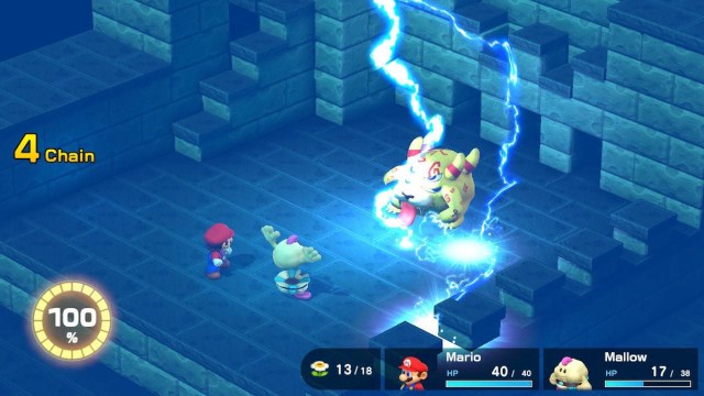 Combat contre le boss de Belome dans le remake de Super Mario RPG