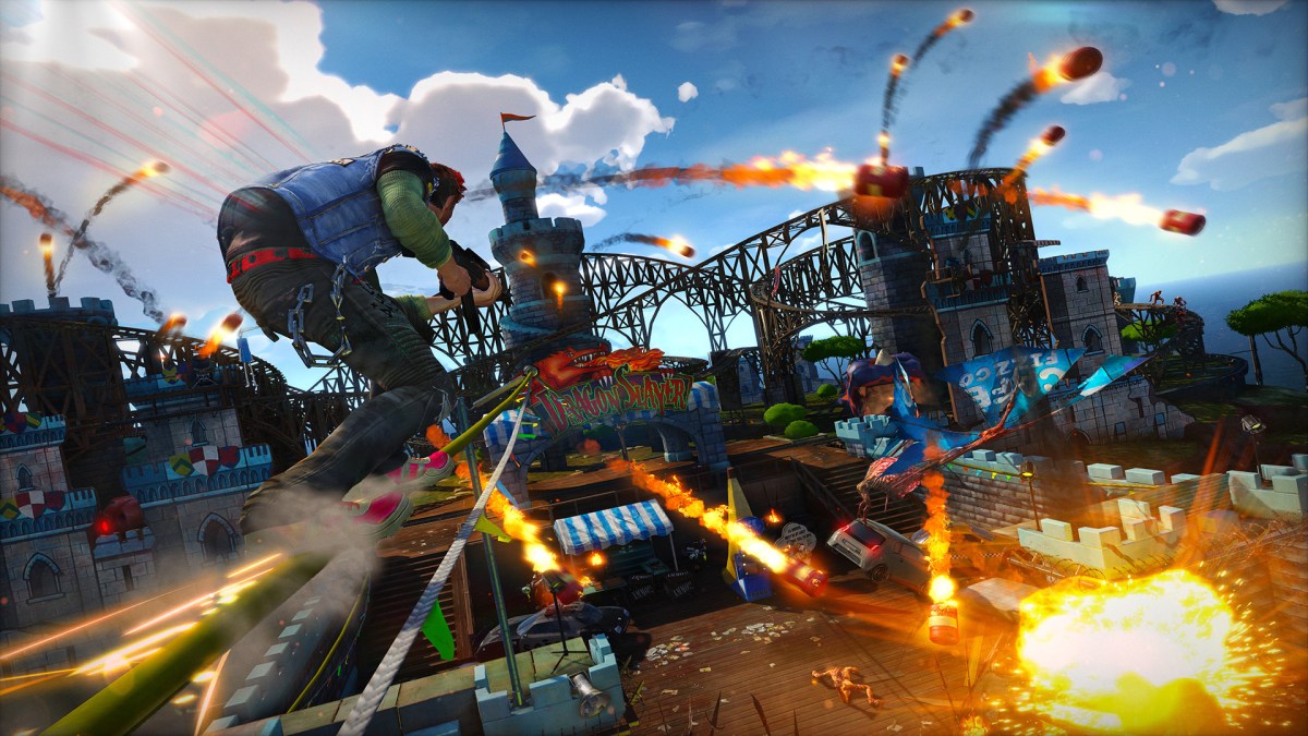 Une image de Sunset Overdrive montrant des joueurs se débattant face à des explosions dans le cadre d'un article sur les meilleurs jeux comme Marvel's Spider-Man 2.