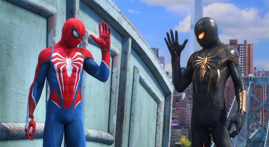 Miles Morales and Peter Parker wave to each other