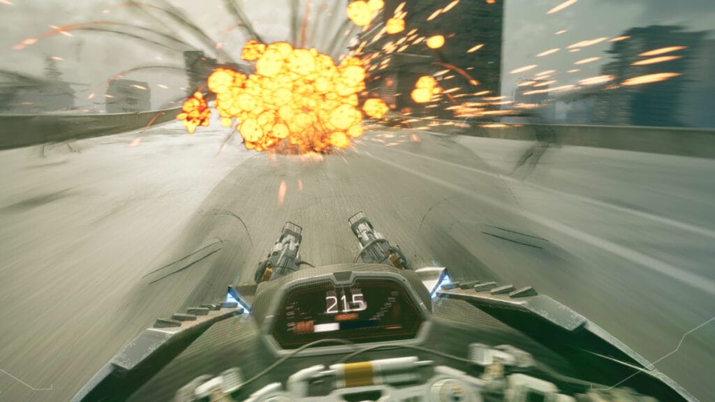 La moto de Jack tire sur un ennemi, provoquant une explosion dans Ghostrunner 2, un jeu One More Level