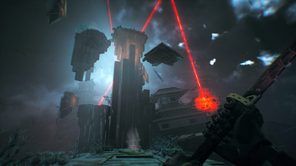 Une tour entourée de nuages ​​d'orage dans Ghostrunner 2 de One More Level