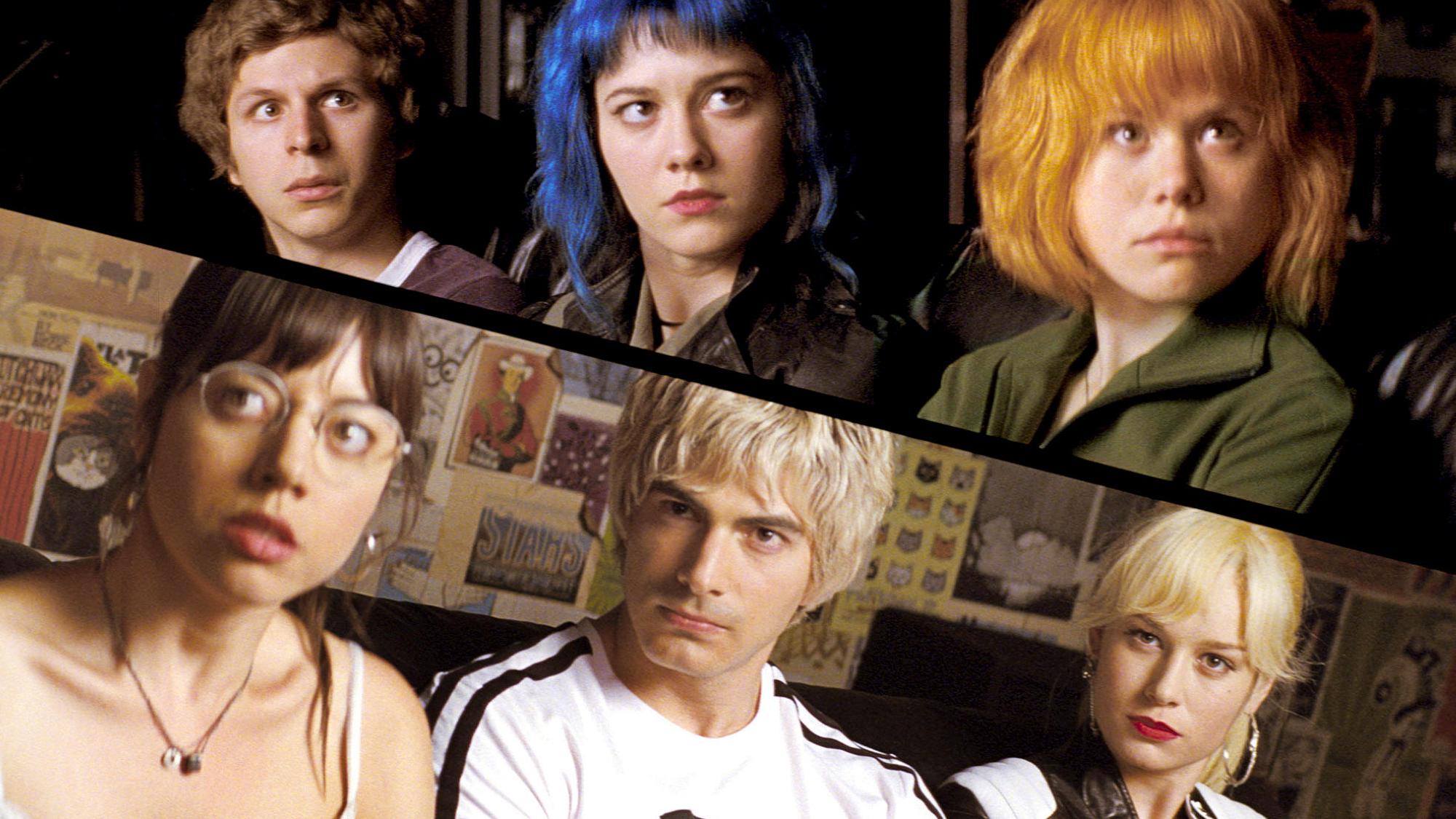 (en haut à gauche, dans le sens des aiguilles d'une montre) Michael Cera, Brie Larson, Alison Pill, Brandon Routh, Mary Elizabeth Winstead, Julie Powers et Aubrey Plaza dans Scott Pilgrim vs the World